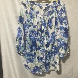 Charter club 2x 3/4 billow sleeve blue white floral linen ruffled front blouse
